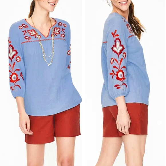 Boden Tops - Boden Abigail Embroidered Blouse Top Gauze Floral Boho Blue Crinkle boho